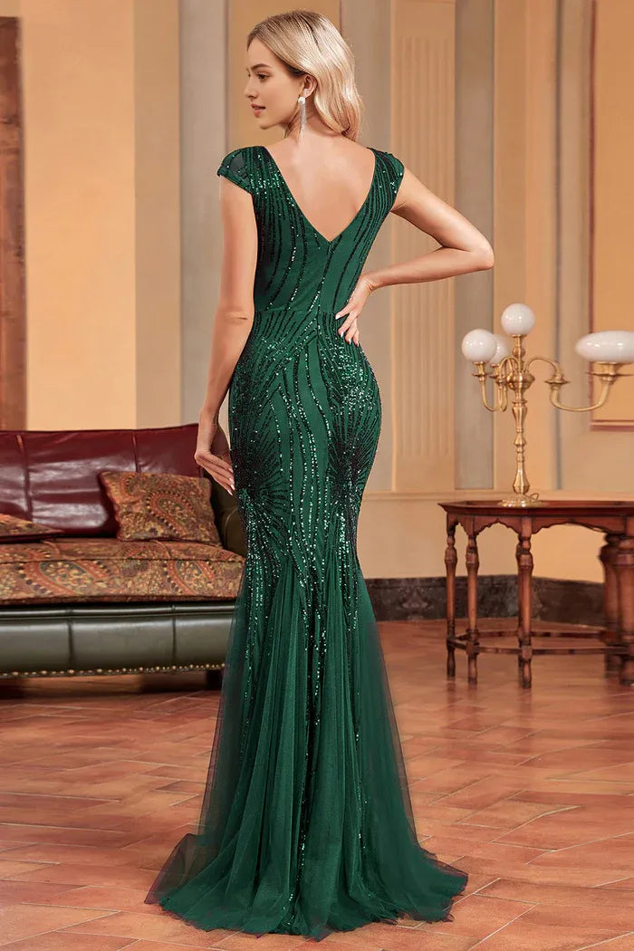 Weitese Dress Mermaid Tulle Dark Green V Neck Maxi Dress Prom Dress Sequins Cap Sleeve Evening Dress